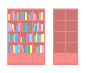 Two wooden cabinets with shelves. One of them is filled with books. Vector isolated illustration.