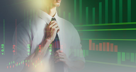 young business man with virtual interface and stock chart
