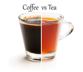 Cup split in half. Tough choice tea vs coffee concept