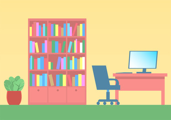 Study: desk with a computer, a chair on wheels and a cabinet with a library. Yellow background. Vector flat illustration.