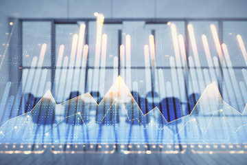 Multi exposure of stock market graph on conference room background. Concept of financial analysis