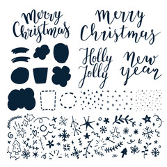 Collection of vector lettering phrases, doodles, hand drawn illustrations, frames, backgrounds and bubbles for chistmas and new year card or banner design. Greeting card creator, isolated elements
