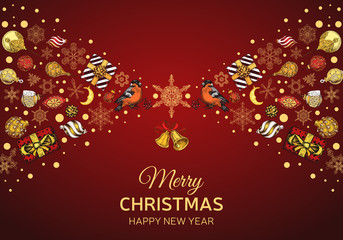 New Year holidays greeting card. Christmas holiday invitation. Ornament with snowflakes. Vector illustration sketch christmas party invitation with toys.
