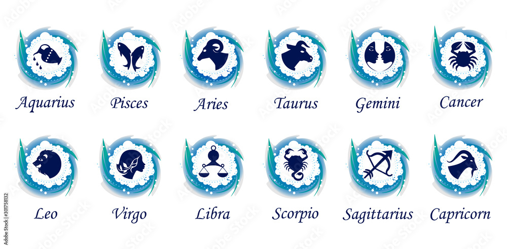 Wall mural set of twelve signs of the zodiac on the background of a snow circles. prediction of the future. vec