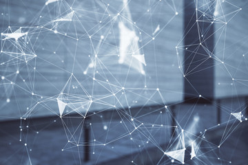 Double exposure of abstract tech hologram on empty exterior background.