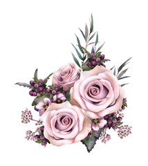 Picturesque floral arrangement of herbs, pink roses and nettle hand drawn in watercolor isolated on a white background. Watercolor illustration. Ideal for creating invitations, greeting, wedding cards