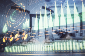 Business theme drawing with office interior background. Double exposure. Concept of success.