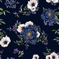 Picturesque seamless floral pattern depicting hellebores arrangements with leaves, flowers, clematis branches and anemones hand drawn in watercolor isolated on a dark background.Watercolor background