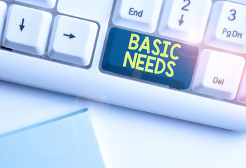 Handwriting text Basic Needs. Conceptual photo something that you must have in order to sustain or live life White pc keyboard with empty note paper above white background key copy space