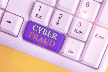 Conceptual hand writing showing Cyber Fraud. Concept meaning any crime that is committed with the use of a computer White pc keyboard with note paper above the white background