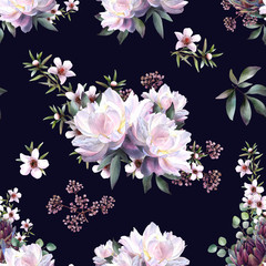 Seamless floral pattern depicting pink peonies arrangements with leaves, tea-tree flowers, herbs, artichokes, hand drawn in watercolor isolated on a dark blue background. Watercolor background