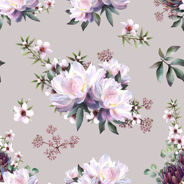 Picturesque seamless floral pattern depicting pink peonies arrangements with leaves, tea-tree flowers, herbs, artichokes, hand drawn in watercolor isolated on a beige background. Watercolor background
