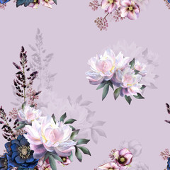 Seamless floral pattern depicting pink peonies arrangements with leaves, flowers, herbs, hellebores and shadows hand drawn in watercolor isolated on light dusty lilac background. Watercolor background