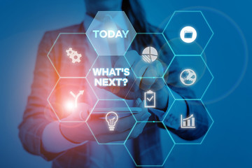 Handwriting text What S Next Question. Conceptual photo asking demonstrating about his coming actions or behaviors Woman wear formal work suit present presentation using smart latest device