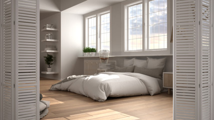 White folding door opening on modern luxury minimalist hygge bedroom with double bed, decors and big panoramic windows, interior design, architect designer concept, blur background