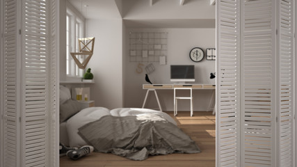 White folding door opening on modern luxury minimalist hygge bedroom with double bed, decors and big panoramic windows, interior design, architect designer concept, blur background