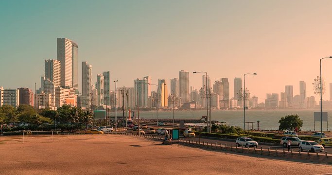 Cartagena, Colombia. Shoreline of Playa de Boca Grande. High-rises, hotels and apartments can be seen along the coast - Skyscrapers during summer days. Time lapse hyperlapse video. 