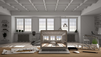 Architect designer desktop concept, laptop on wooden work desk with screen showing interior design project, blueprint draft background, modern white bedroom with double bed