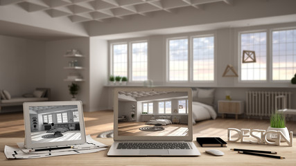 Architect designer desktop concept, laptop and tablet on wooden desk with screen showing interior design project and CAD sketch, draft in the background, modern bedroom with bed