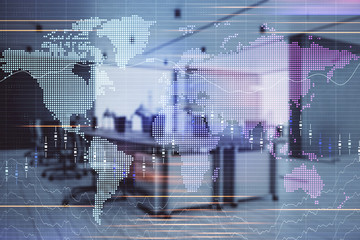 Stock and bond market graph and world map with trading desk bank office interior on background. Multi exposure. Concept of international finance