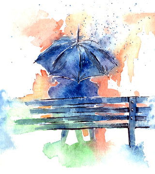 happy couple lover kissing under the umbrella, wedding card or engagement, engage, valentines day, watercolor painting illustration