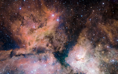 Stars, dust and gas nebula in a far galaxy space background. Stellar nursery