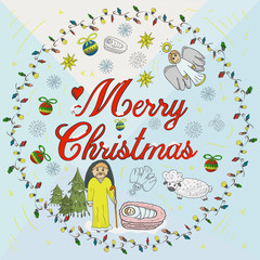Orthodox Christmas color banner in a circle of garlands with the inscription congratulations in the style of children's Doodle baby tree among the balls angel baby urasheno snowflake temple vector EPS