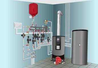 Detailed vectorial image of a boiler room with a heating and hot water supply system of building. 