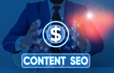 Word writing text Content Seo. Business photo showcasing creating webpage content to rank high in...