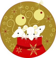 Three white mice on gold background
