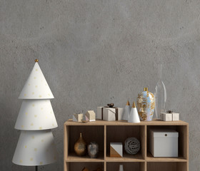 Modern Christmas interior with credenza, Scandinavian style. Wall mock up. 3D illustration