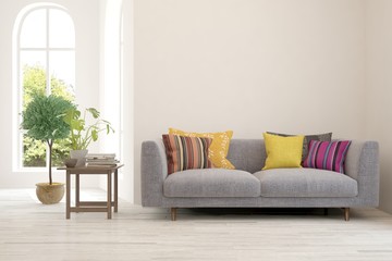 Stylish room in white color with sofa. Scandinavian interior design. 3D illustration