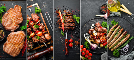 Barbecue, meat dishes: steak, kebab, sausage. Photo collage. Banner.