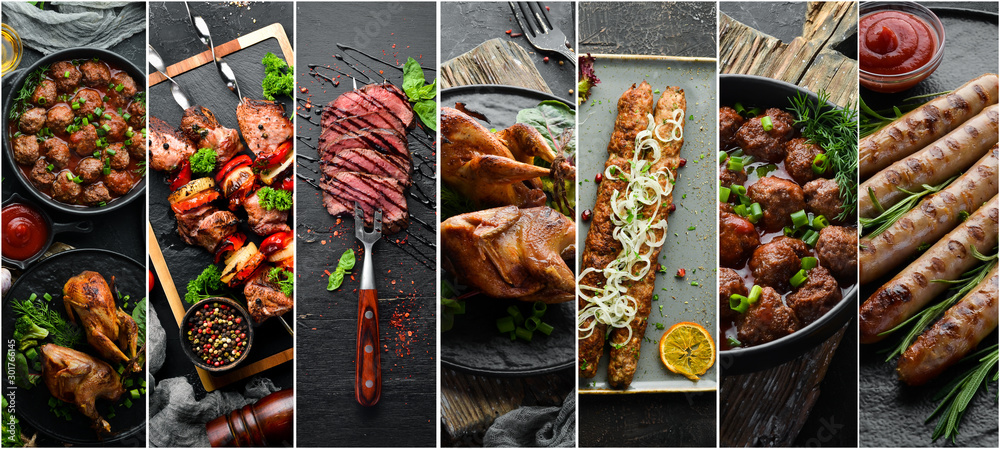 Wall mural barbecue, meat dishes: steak, kebab, sausage. photo collage. banner.