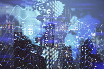 Naklejka premium Double exposure of forex chart drawings over cityscape background. Concept of success.
