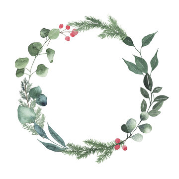 Watercolor Round Christmas Frame With Fir Branches Berry Leaves Plant Herb Winter Flora Isolated On White Background. Botanical Greenery New Year Holiday Illustration For Wedding Invitation Design