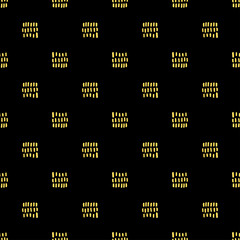 Gold geometric seamless pattern with stripes, squareson black background. Abstract texture in hand drawn style for fabric, textile print, Wallpaper design, wrapping paper. Vector illustration