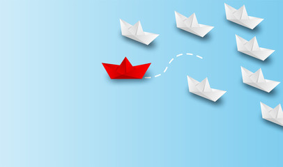 Different business concept. Red boat paper changing direction from white paper boat . new ideas. paper art style. creative idea. vector ,illustration.
