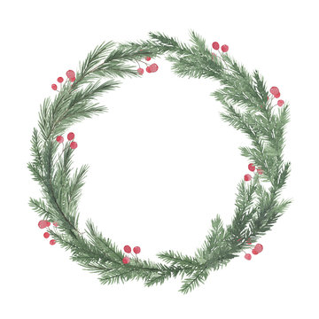 Watercolor round christmas frame with fir branches berry leaves plant herb winter flora isolated on white background. Botanical greenery holiday illustration for wedding invitation card design