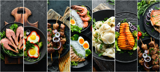 Set of dishes. Seafood, meat and vegetables. Photo collage. Banner.