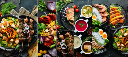 Foto op Plexiglas Eten Set van gerechten. Zeevruchten, vlees en groenten. Foto collage. Banier.