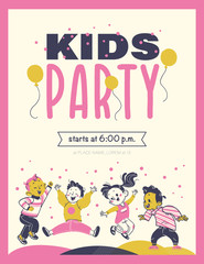 Kids party flayer template with happy little boys and girls characters. Text place, invitation design, card, banner, poster, voucher. Hand drawn style. Vector illustration.