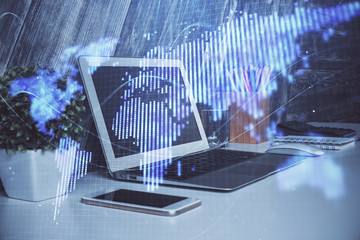 Multi exposure of business theme icons and table with computer background. Concept of success.