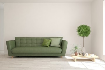 Stylish room in white color with green sofaand home plant. Scandinavian interior design. 3D illustration