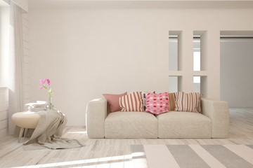 Fototapeta na wymiar Stylish room in white color with modern furniture . Scandinavian interior design. 3D illustration
