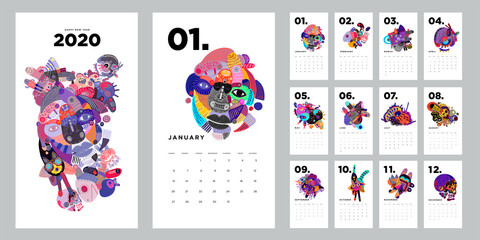 2020 new year calendar design template with colorful abstract doodle decorative illustration 
