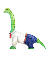 The cute watercolor dinosaur in clothes. Children's isolated illustrations. © ArTalya
