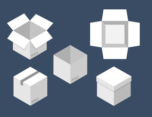 Set of open and closed boxes. White cardboard box top view. Vector illustration isolated on dark background.