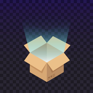 Open cardboard box with the bright rays of light. Flat vector illustration isolated.