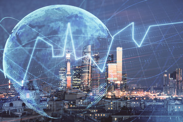 Double exposure of financial graph and world map on city veiw background. Concept of financial market research and analysis